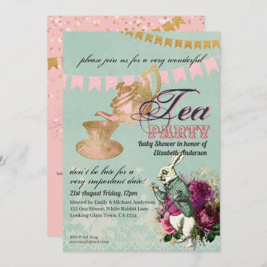Alice im Wunderland BabyShower MadHatter Tea Party Einladung (Vorne/Hinten)