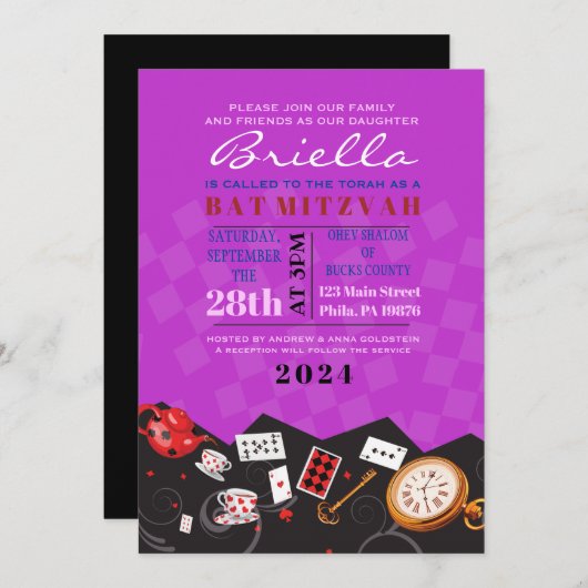 ALICE IM WUNDERLAND Bat Mitzvah Einladung (Vorne/Hinten)