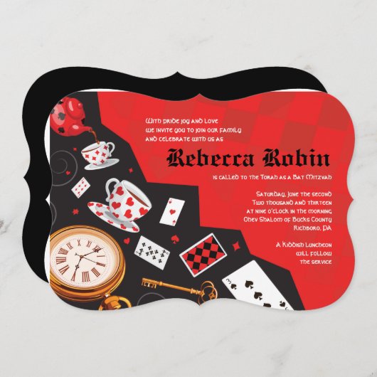 ALICE IM WUNDERLAND Bat Mitzvah Einladung (Vorne/Hinten)