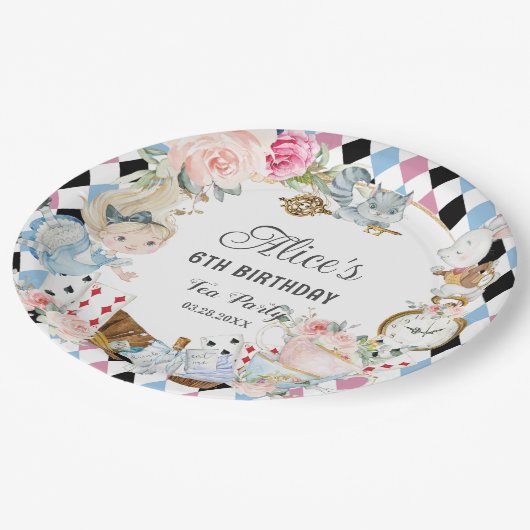 Alice im Wunderland Birthday High Tee Party Pappteller (Schrägansicht)