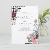 Alice im Wunderland Black Checkerboard Hochzeit Einladung (Stehend Vorderseite)