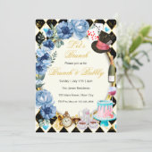 Alice im Wunderland Blauer Blumenbrunch Einladung (Stehend Vorderseite)