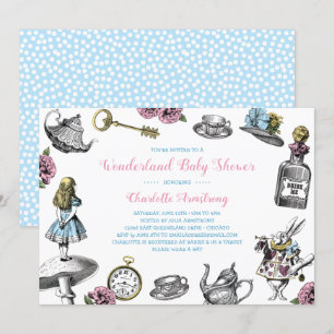 Alice im Wunderland Blue Polka Dot Baby Dusche Einladung