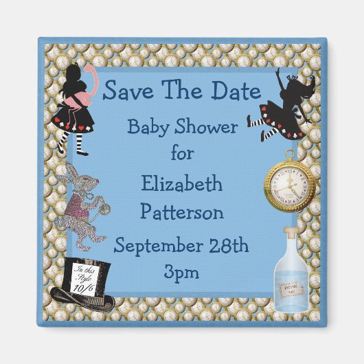 Alice im Wunderland Blue Save the Date Baby Dusche Magnet (Vorne)