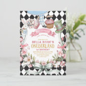 Alice im Wunderland Blume Rahmen 1. Geburtstag Einladung (Stehend Vorderseite)