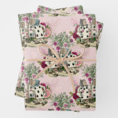 Alice im Wunderland Blumenkarten auf rosa Geschenkpapier Set (Beispiel)