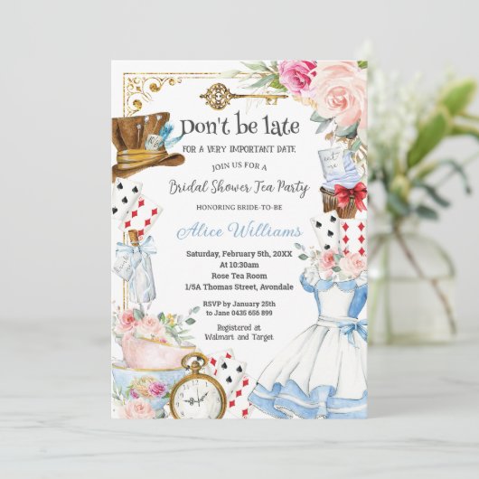 Alice im Wunderland Blumenkohl Brautparty Tee Part Einladung (Stehend Vorderseite)