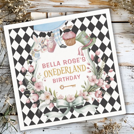 Alice im Wunderland Blumenrahmen 1. Geburtstag Serviette