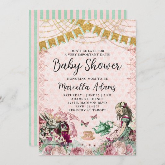 Alice im Wunderland Blush & Mint Babydusche Einladung (Vorne/Hinten)