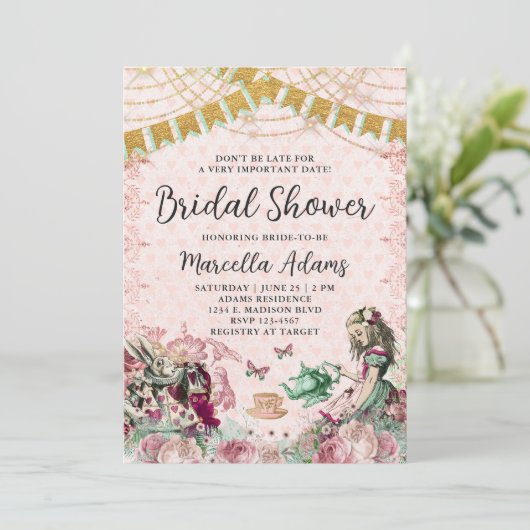 Alice im Wunderland Blush & Minze Brautparty Einladung (Stehend Vorderseite)