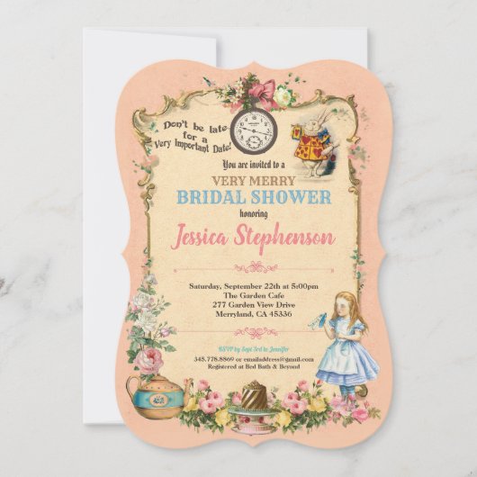 Alice im Wunderland Braun Dusche Einladung Rosa (Vorderseite)