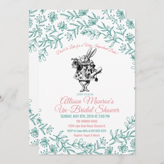 Alice im Wunderland Brautdusche Einladung (Vorne/Hinten)