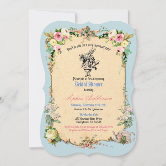 Alice im Wunderland Brautdusche Einladung blau (Vorderseite)