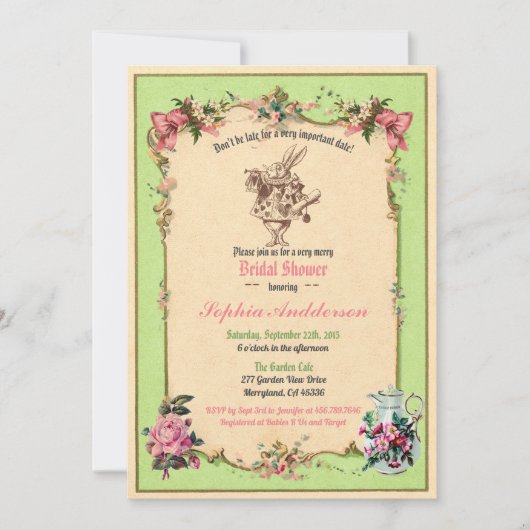 Alice im Wunderland Brautdusche Einladung grün (Vorderseite)