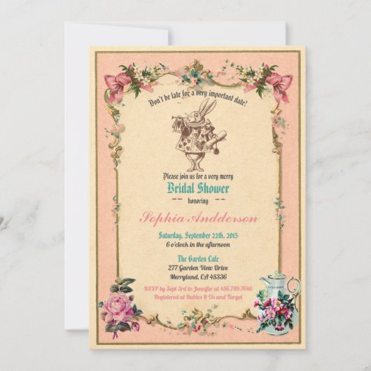 Alice im Wunderland Brautdusche Einladung Rosa (Vorderseite)