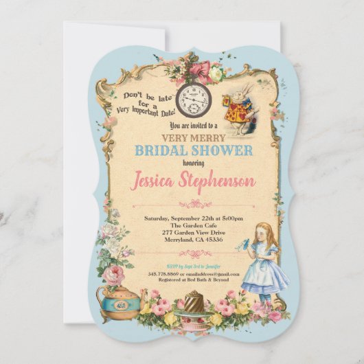 Alice im Wunderland Brautparty Einladung blau (Vorderseite)