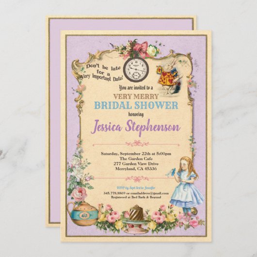 Alice im Wunderland Brautparty Einladung pink (Vorne/Hinten)