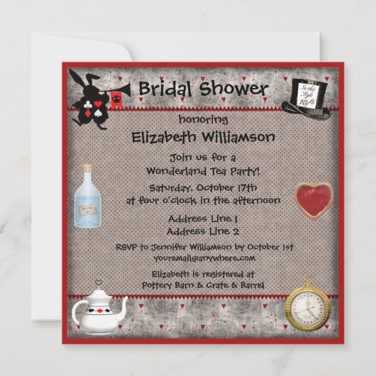 Alice im Wunderland Brautparty Tee Party Einladung (Rückseite)