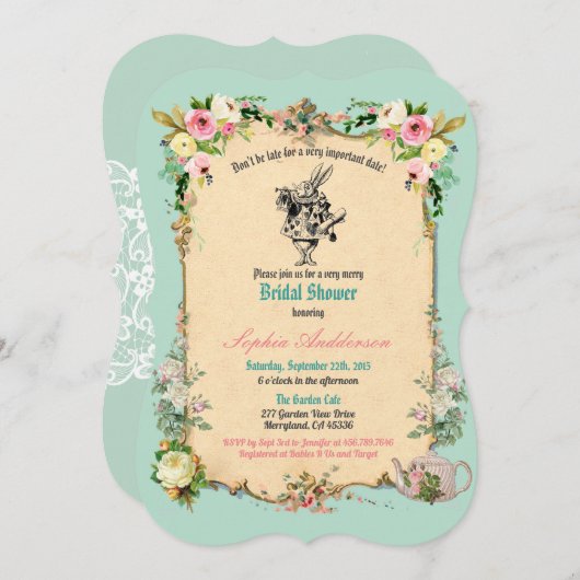 Alice im Wunderland-Brautpartyeinladung aquamarin Einladung (Vorne/Hinten)