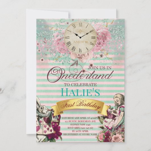 Alice im Wunderland Chalkboard Erster Geburtstag Einladung (Vorderseite)