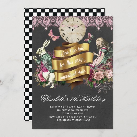 Alice im Wunderland Chalkboard Geburtstag Einladung (Vorne/Hinten)