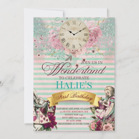 Alice im Wunderland Chalkboard Geburtstag Einladung (Vorderseite)