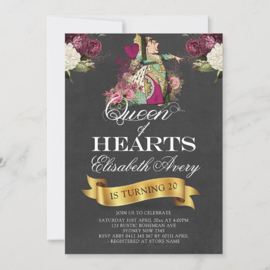 Alice im Wunderland Chalkboard Queen Einladung (Vorderseite)