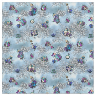 Alice im Wunderland-Charaktere auf Blau und Silber Stoff