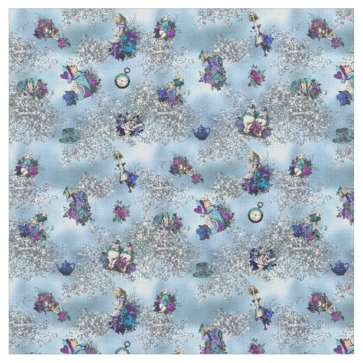 Alice im Wunderland-Charaktere auf Blau und Silber Stoff (Nahaufnahme)