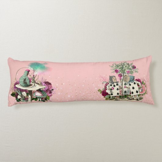 Alice im Wunderland-Charaktere auf Rosa und Gold Seitenschläferkissen (Rückseite)