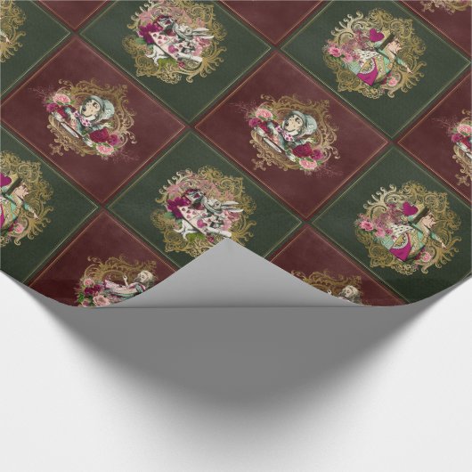 Alice im Wunderland-Charaktere auf Rotem/Grün u. Geschenkpapier (Ecke)