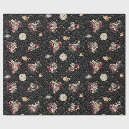 Alice im Wunderland-Charaktere auf Schwarzem und Geschenkpapier (Flach)