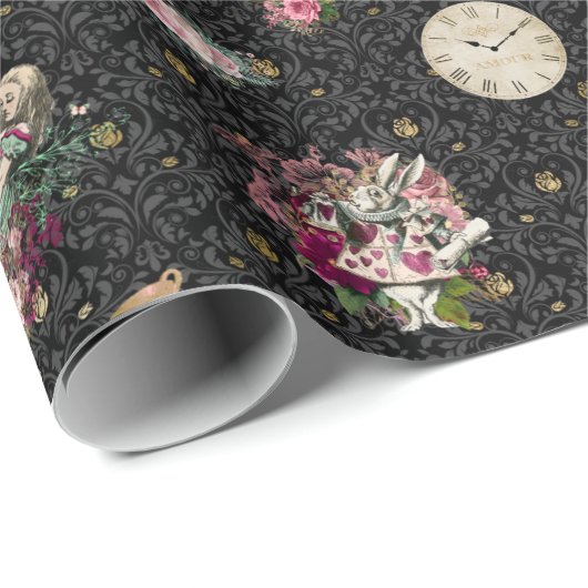 Alice im Wunderland-Charaktere auf Schwarzem und Geschenkpapier (Rolleneckpunkt)