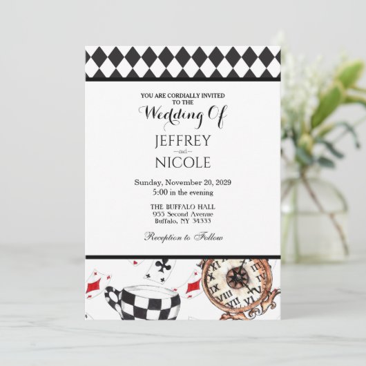 Alice im Wunderland Checkered Weditation Einladung (Stehend Vorderseite)