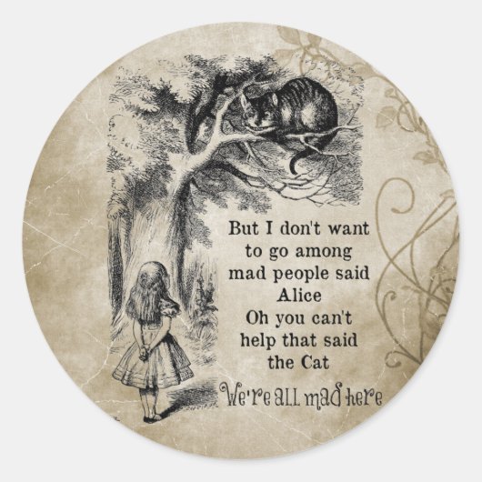 Alice im Wunderland; Cheshire Cat mit Alice Runder Aufkleber (Vorderseite)