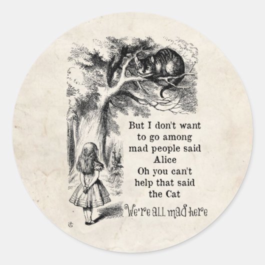 Alice im Wunderland; Cheshire Cat mit Alice Runder Aufkleber (Vorderseite)
