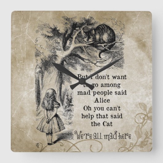 Alice im Wunderland; Cheshire-Katze mit Alice Quadratische Wanduhr (Vorderseite)