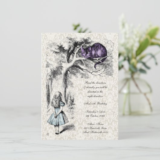 Alice im Wunderland-Cheshire-Katzen-Tee-Party Einladung (Stehend Vorderseite)