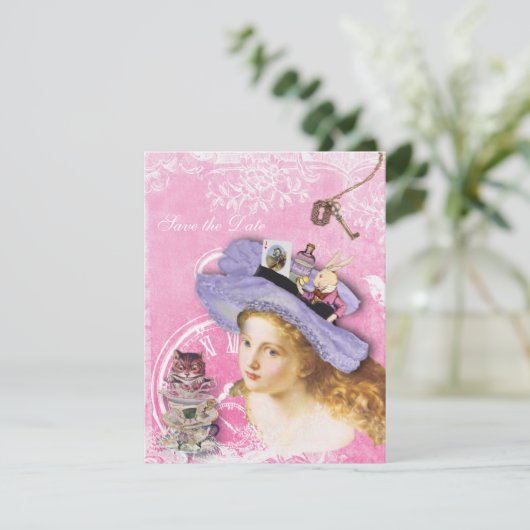 Alice im Wunderland Collage Save the Date Hochzeit Einladung (Stehend Vorderseite)