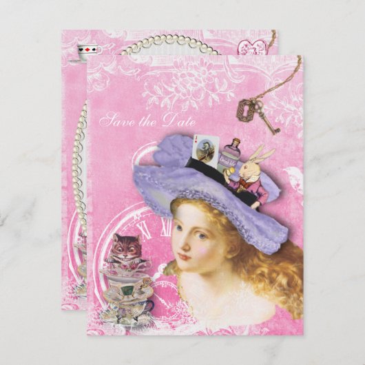 Alice im Wunderland Collage Save the Date Hochzeit Einladung (Vorne/Hinten)