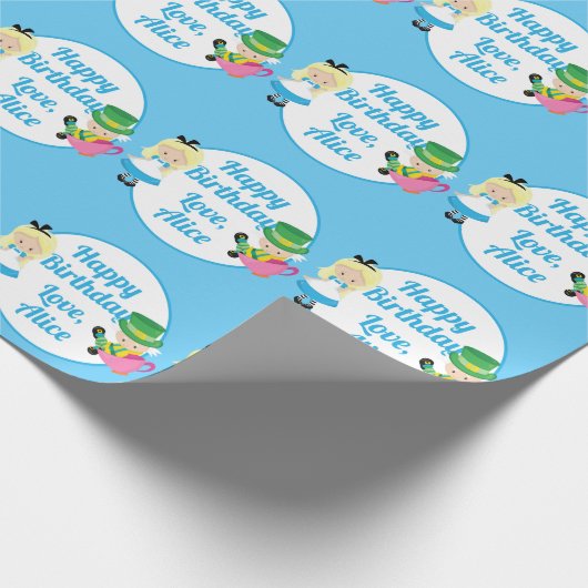 Alice im Wunderland Custom Birthday Party Blue Geschenkpapier (Ecke)