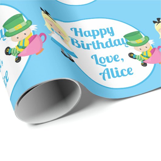 Alice im Wunderland Custom Birthday Party Blue Geschenkpapier (Rolleneckpunkt)