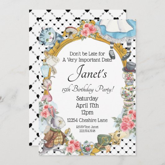 Alice im Wunderland Einladung (Vorne/Hinten)