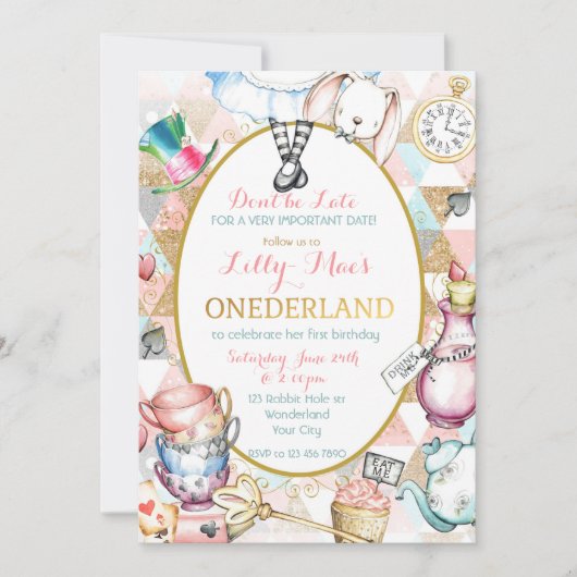 Alice im Wunderland Einladung, erster Geburtstag Einladung (Vorderseite)