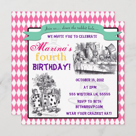 Alice im Wunderland Einladung - Geburtstag, Dusche (Vorne/Hinten)
