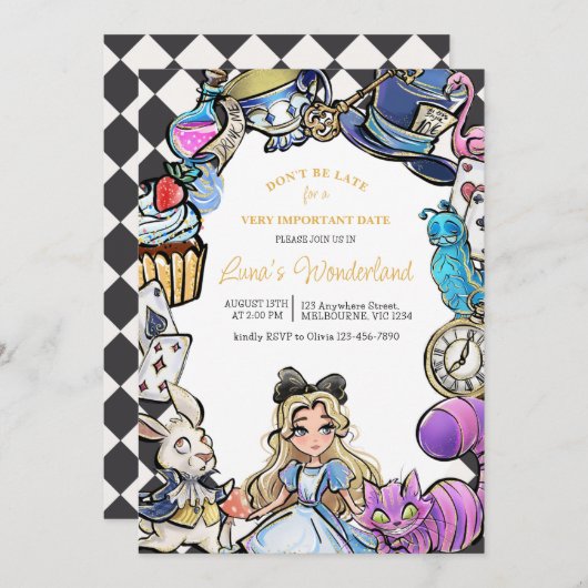 Alice im Wunderland Einladung zum Geburtstag (Vorne/Hinten)