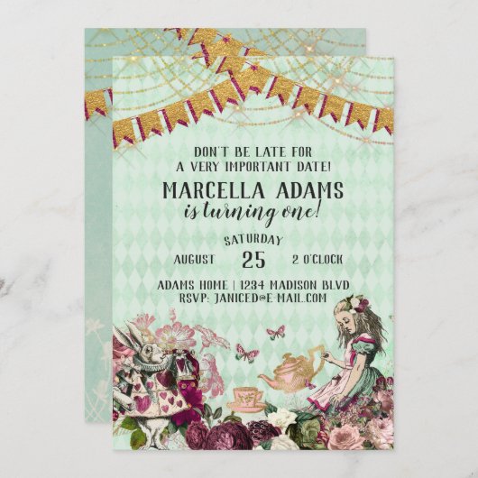 Alice im Wunderland Einladung zum Geburtstag (Vorne/Hinten)