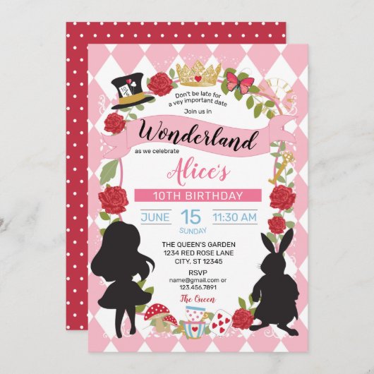 Alice im Wunderland Einladung zum Geburtstag (Rosa (Vorne/Hinten)