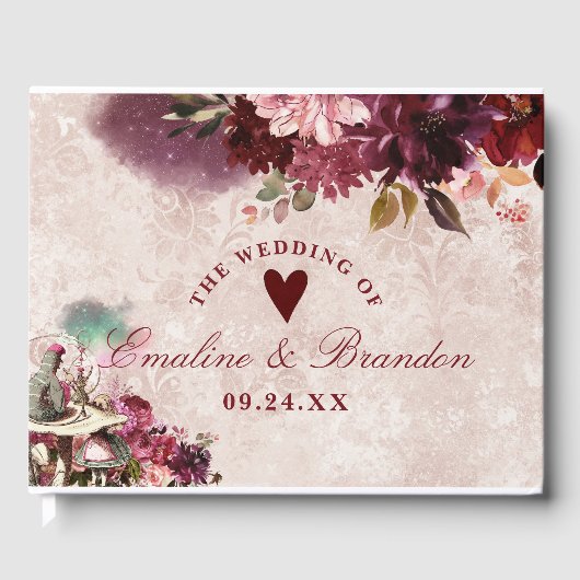 Alice im Wunderland Elegante Vintage Blumenhochzei Gästebuch (Vorderseite)