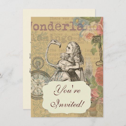 Alice im Wunderland Flamingo Classic Einladung (Vorne/Hinten)